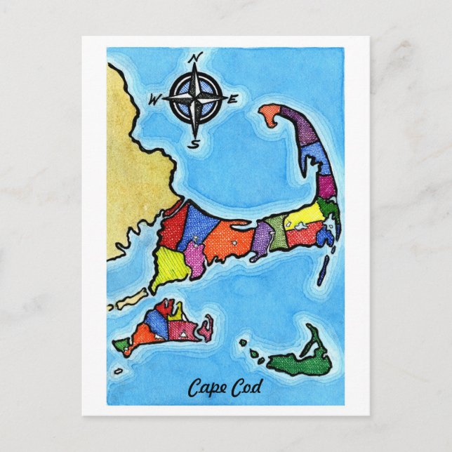 Colourful Cape Cod Map Postcard (Front)