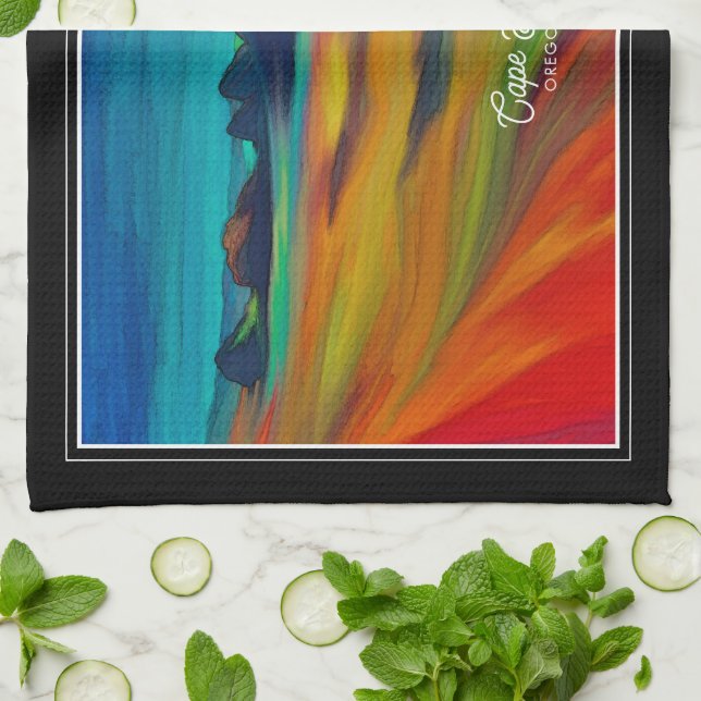 Colourful Cape Sebastian Oregon Coast Art Kitchen Towel (Folded)