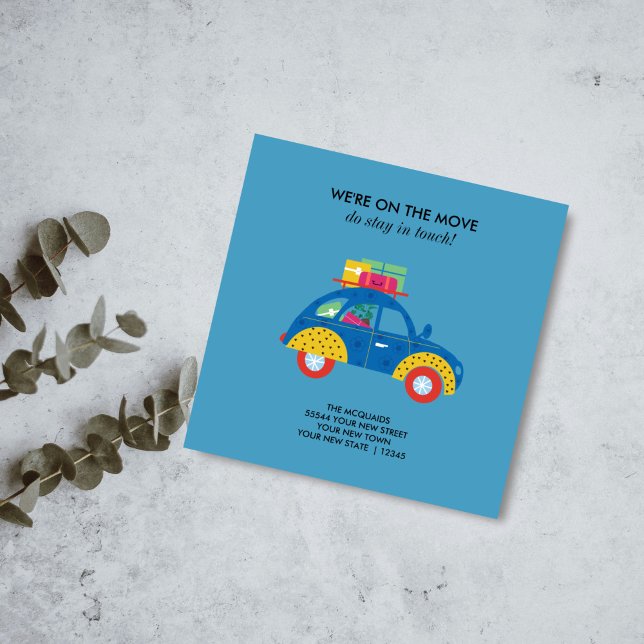 Colourful Car on the Move Flat Announcement Card (Funky Blue Car Moving Announcement card)