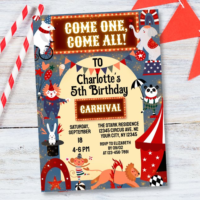 Colourful Carnival Circus Glowing Birthday Party Invitation (Creator Uploaded)