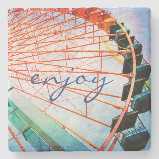 Colourful Carnival Ferris Wheel Enjoy Script Quote Stone Coaster (Front)