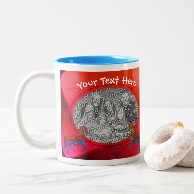 Colourful Carousel Horses Personalized Photo Two-Tone Coffee Mug (With Donut)