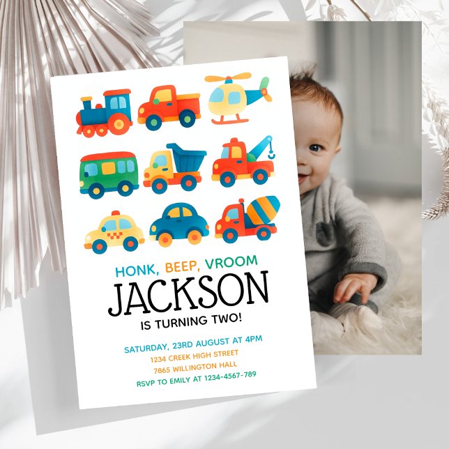 Colourful Cars Transportation Birthday Photo Invitation (Creator Uploaded)