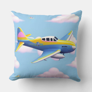 Colourful Cartoon Airplane Flying in Bright Sky Throw Pillow