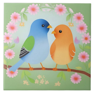 Colourful Cartoon Birds On Branch Bird Lovers Tile