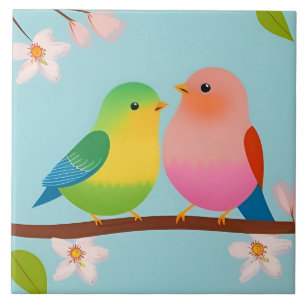 Colourful Cartoon Birds Perched on a Branch Tile