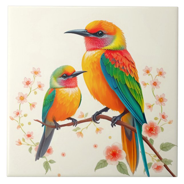 Colourful Cartoon Birds Perched on a Branch Tile (Front)