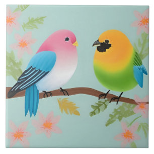 Colourful Cartoon Birds Perched on a Branch Tile