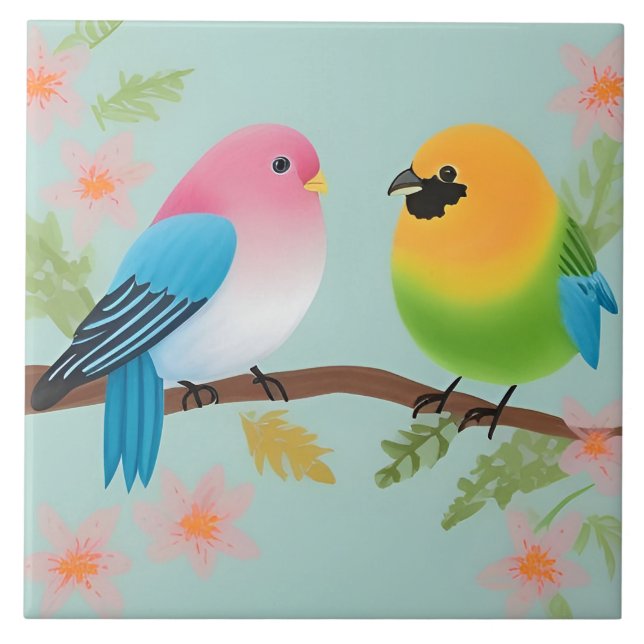 Colourful Cartoon Birds Perched on a Branch Tile (Front)