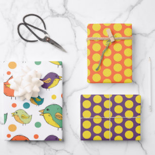 Colourful Cartoon Birds Wrapping Paper Sheet Set