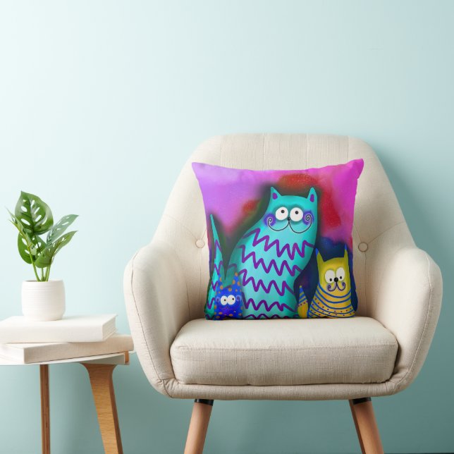Colourful Cartoon Cat Family Throw Pillow (Chair)