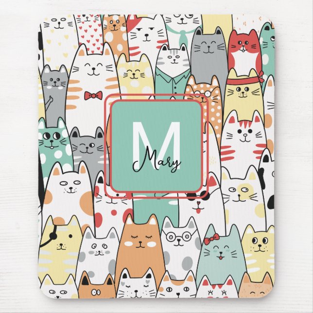 Colourful Cartoon Cat Kitty Name Monogram Mouse Pa Pad (Front)