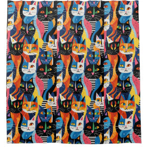 Colourful Cartoon Cat Pattern Shower Curtain
