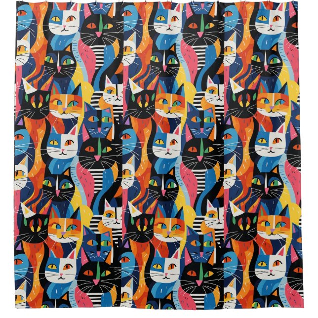 Colourful Cartoon Cat Pattern Shower Curtain (Front)