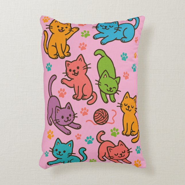 Colourful Cartoon Cat Pattern Throw Pillow – Pink  (Front(Vertical))