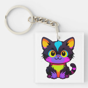 Colourful Cartoon Cat With Neon Colours Keychain