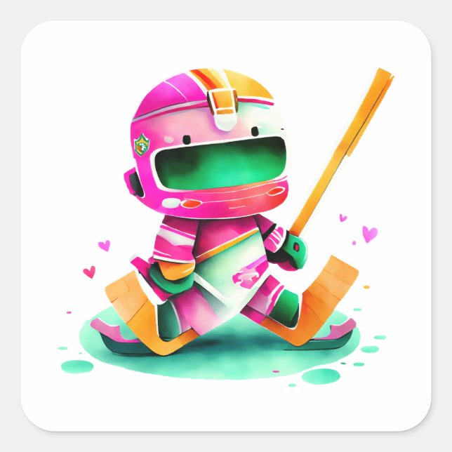 Colourful Cartoon Character Skating with Hockey  Square Sticker (Front)