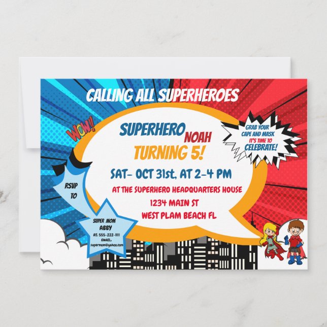 Colourful Cartoon Comic Superhero Halloween  Invitation (Front)