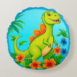 Colourful Cartoon Dinosaur in a Tropical Setting Round Pillow