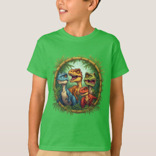 Colourful Cartoon Dinosaurs In Bamboo Frame T-Shirt