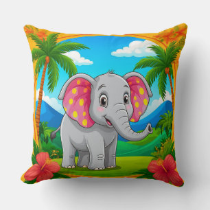 Colourful Cartoon Elephant in Tropical Landscape Throw Pillow