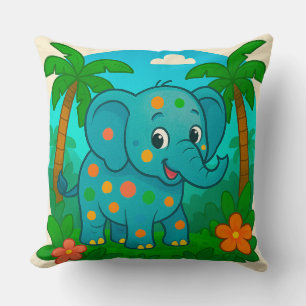 Colourful Cartoon Elephant in Tropical Landscape Throw Pillow