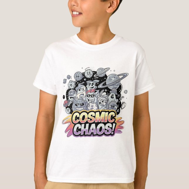 Colourful Cartoon Galaxy with Dynamic Planet Motif T-Shirt (Front)