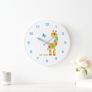 Colourful Cartoon Giraffe and Butterfly Large Clock