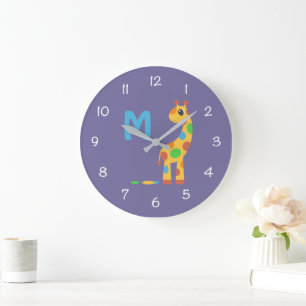 Colourful Cartoon Giraffe and Butterfly Monogram Large Clock