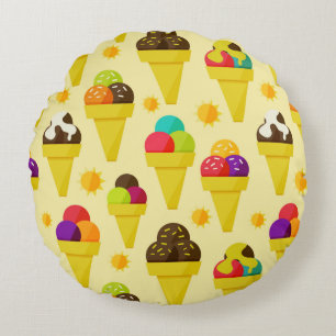 Colourful Cartoon Ice Cream Cones Round Pillow