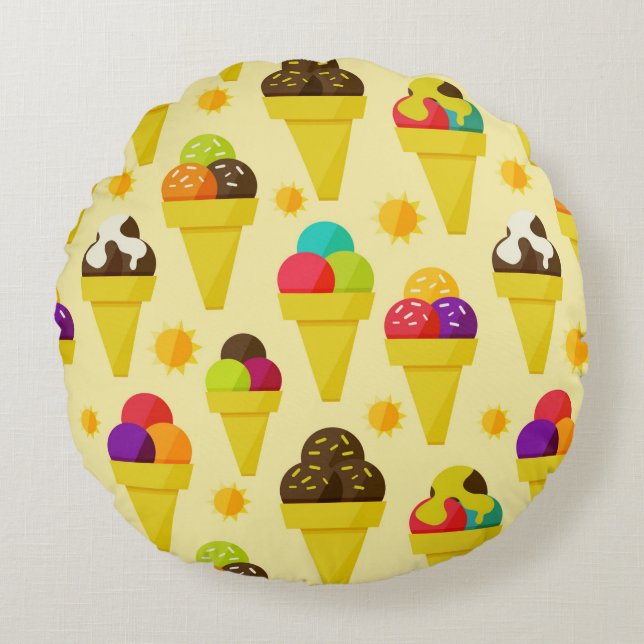 Colourful Cartoon Ice Cream Cones Round Pillow (Front)