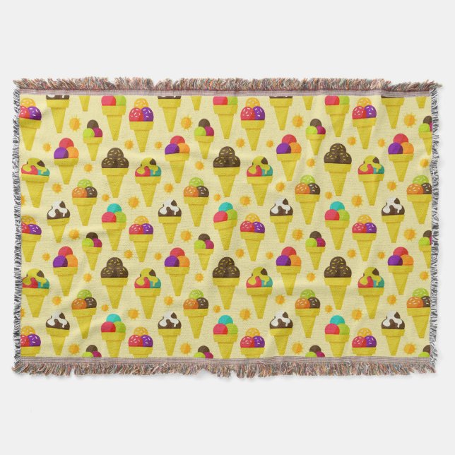 Colourful Cartoon Ice Cream Cones Throw Blanket (Front)