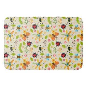 Colourful Cartoon Insects With Flowers and Leaves Bath Mat