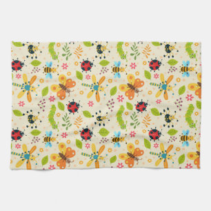 Colourful Cartoon Insects With Flowers and Leaves Kitchen Towel