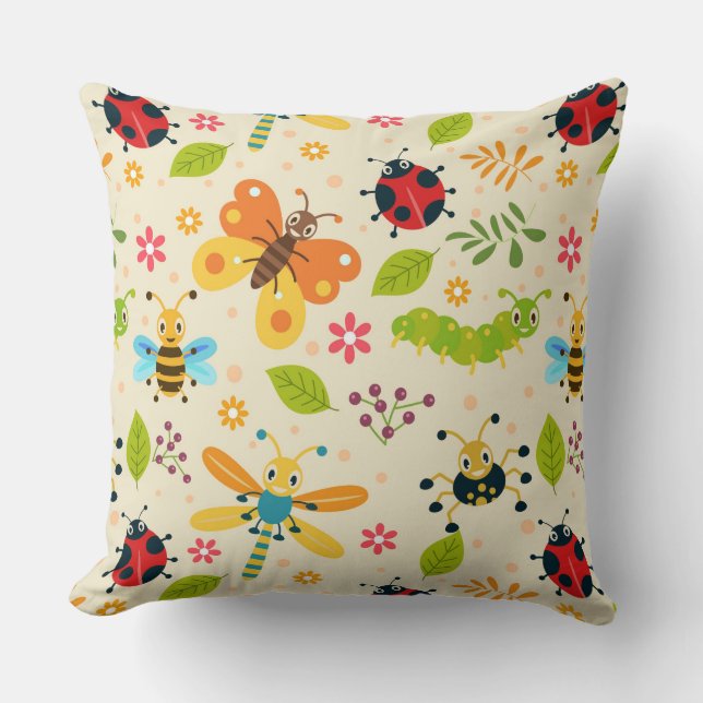 Colourful Cartoon Insects With Flowers and Leaves Throw Pillow (Front)