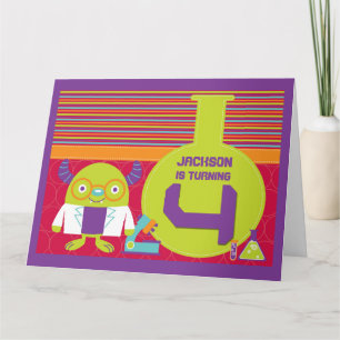 Colourful Cartoon Mad Scientist 4th Birthday Card