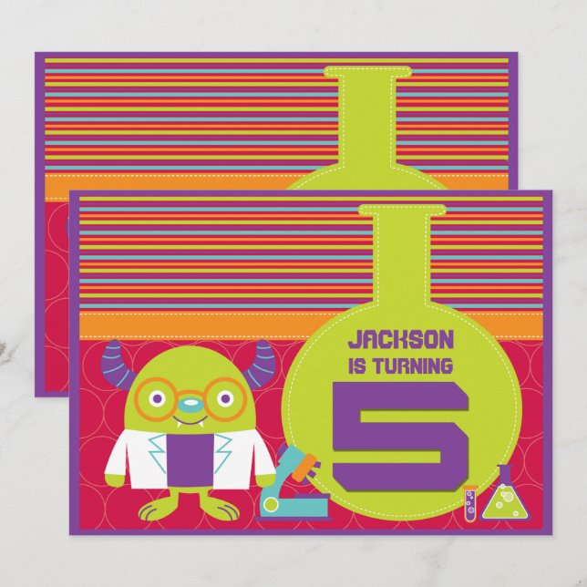 Colourful Cartoon Mad Scientist 5th Birthday Party Invitation (Front/Back)