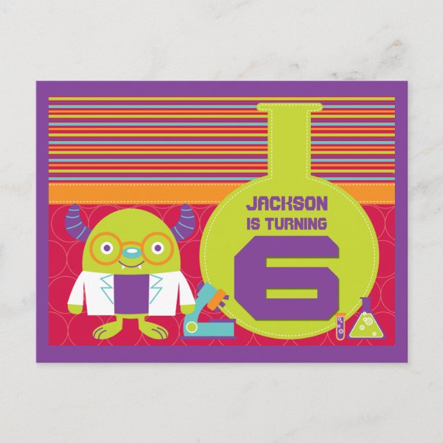 Colourful Cartoon Mad Scientist 6th Birthday Postcard (Front)