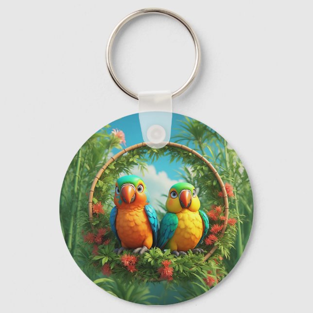 Colourful Cartoon Parrots Keychain (Front)