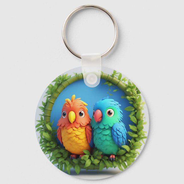 Colourful Cartoon Parrots Keychain (Front)