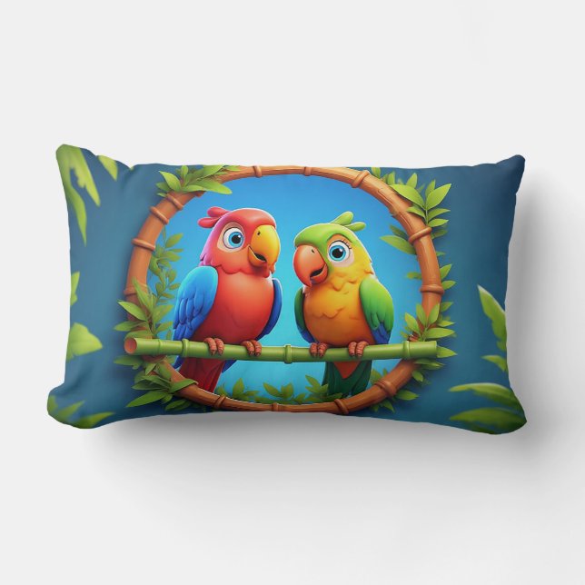 Colourful Cartoon Parrots Lumbar Pillow (Front)