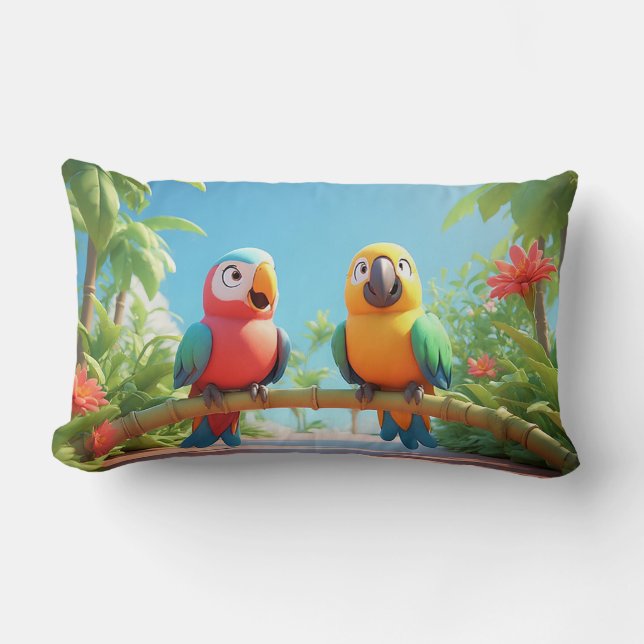 Colourful Cartoon Parrots Lumbar Pillow (Front)