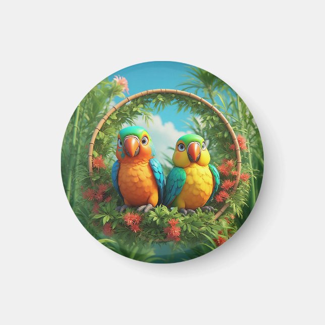 Colourful Cartoon Parrots Magnet (Front)