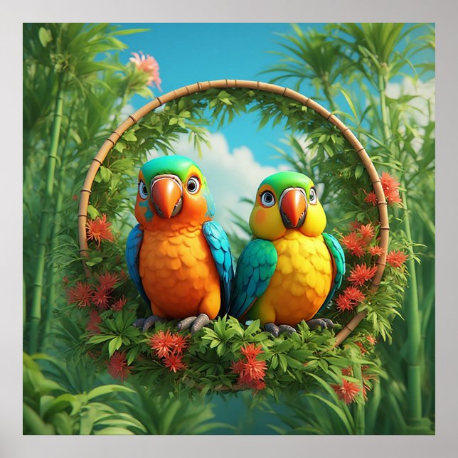 Colourful Cartoon Parrots Poster (Front)