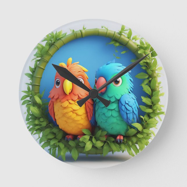 Colourful Cartoon Parrots Round Clock (Front)