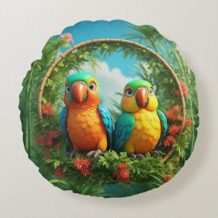 Colourful Cartoon Parrots Round Pillow