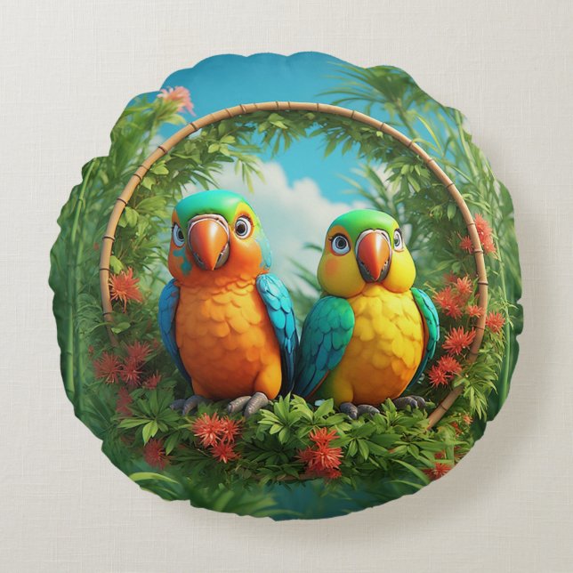 Colourful Cartoon Parrots Round Pillow (Front)