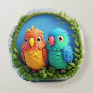 Colourful Cartoon Parrots Round Pillow