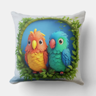 Colourful Cartoon Parrots Throw Pillow