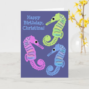 Colourful Cartoon Seahorses Fish Birthday Card